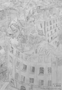 Eine Bleistiftzeichnung der 14-jährigen Arina zeigt den Trümmerhaufen eines Gebäudes.