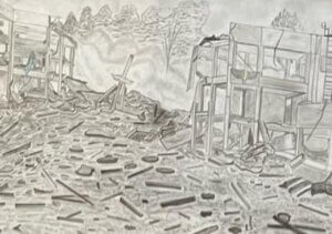 Eine Bleistiftzeichnung von Snishana-Nemanyhina zeigt die Zerstörung ihrer alten Schule.