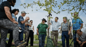 Mehrere Menschen stehen um einen Baum und reden miteinander