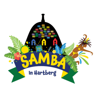 Logo des Samba-Festivals in Hartberg, das den Text "Samba in Hartberg" in gelber Schrift auf einem blauen Band zeigt, umgeben von tropischen Pflanzen, Blüten und einer Samba-Tänzerin.