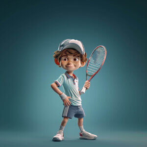 Eine 3D-animierte Figur eines jungen Tennisspielers. Der Junge hat Sommersprossen, trägt eine Mütze, ein hellblaues Poloshirt und Shorts. In der rechten Hand hält er einen Tennisschläger, die linke Hand ruht selbstbewusst auf der Hüfte. Der Hintergrund ist einfarbig blau.